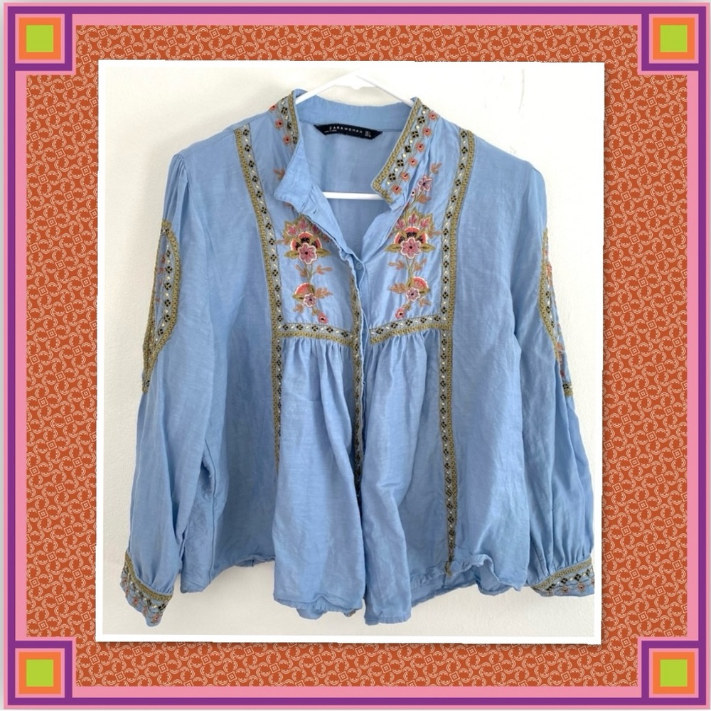 Zara Blue Embroidered Bohemian Blouse (EUC)